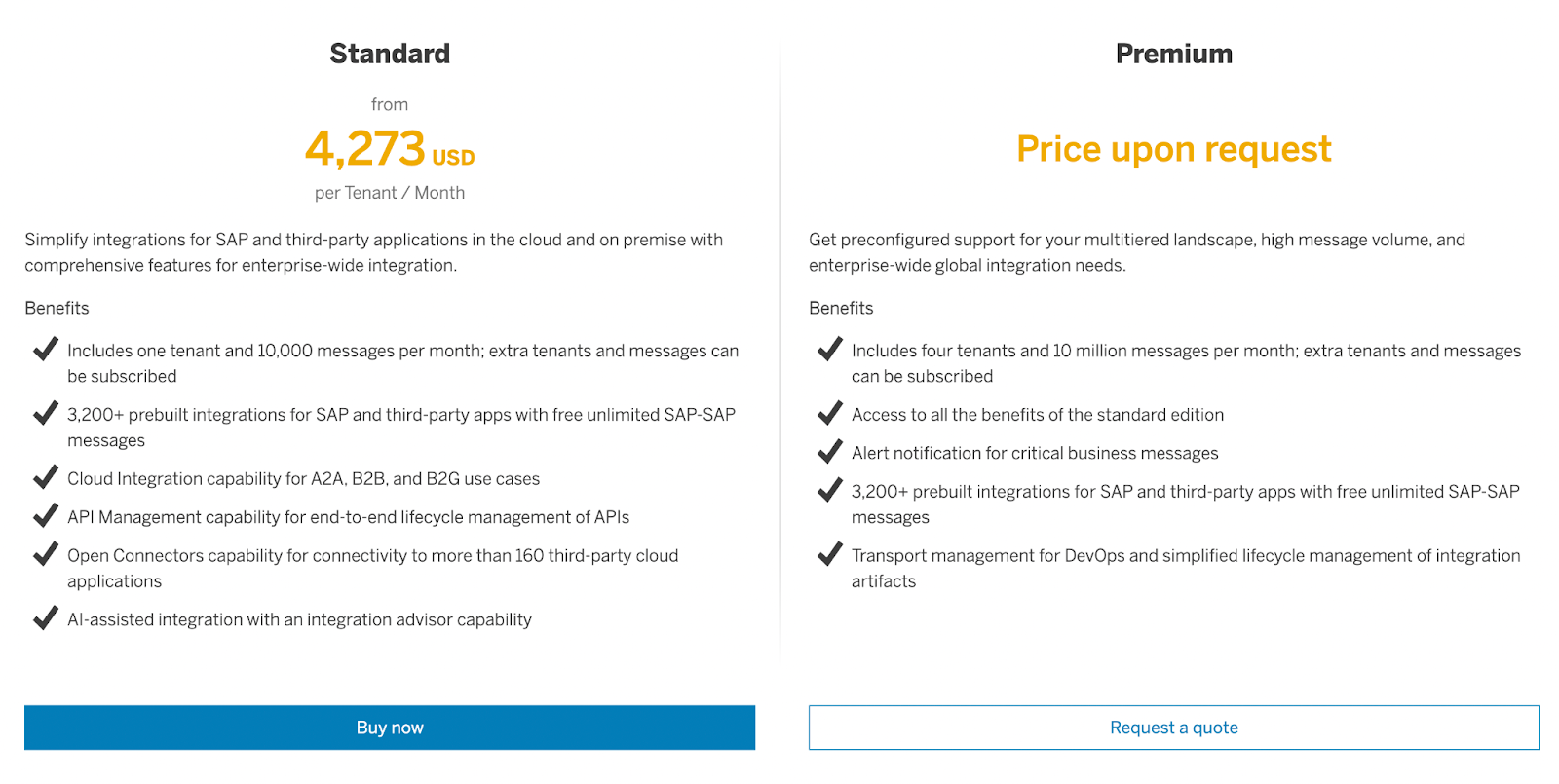 SAP Cloud Integration Standard and Premium pricing