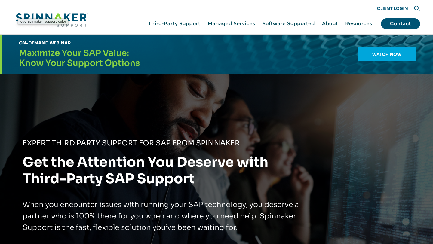 Spinnaker Support homepage for third-party SAP support