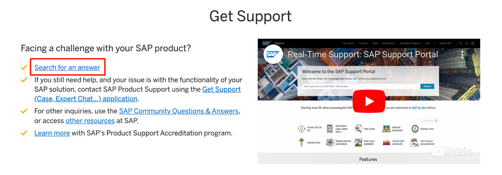 SAP support page listing support options