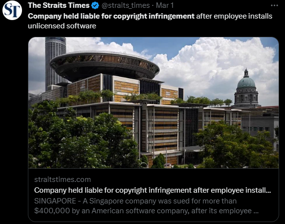 Screenshot of tweet from The Straits Times about their article on a Singaporean company that was sued for more than $400k for copyright infringement.